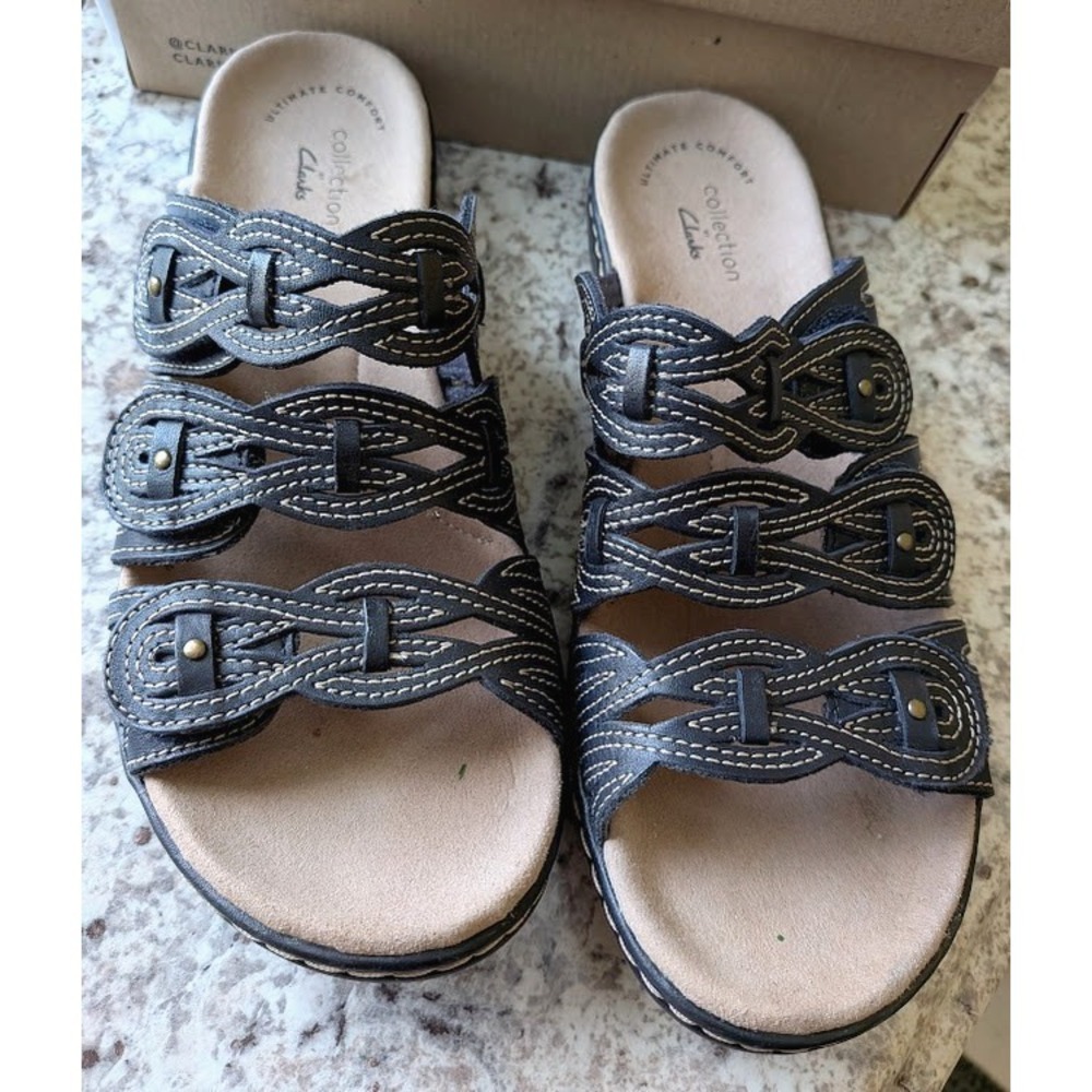 Clarks Women's Shoes Leisa Faye Black Sandals 7 M Flat Leather Ultimate Comfort